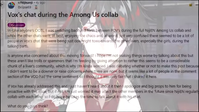 A Reddit post discussing toxicity in Vox Akuma's chat during an Among Us collaboration.