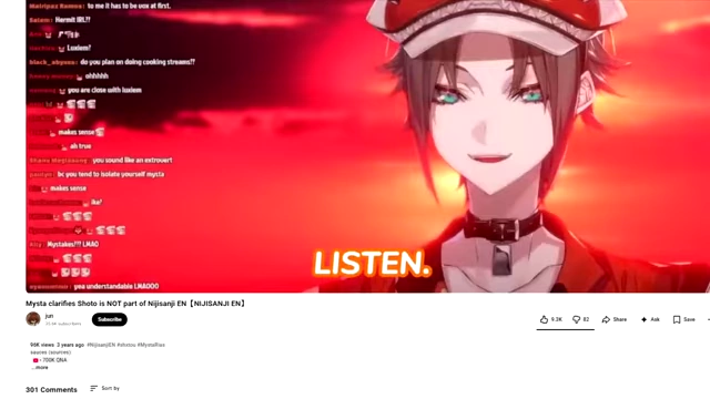 A YouTube clip thumbnail showing Mysta Rias clarifying that Shoto is not part of Nijisanji EN due to fan confusion.