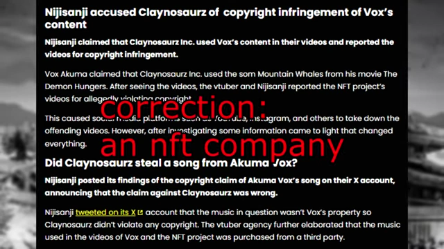 A correction text overlay on an article, clarifying that Nijisanji mistakenly accused an NFT company of copyright infringement.