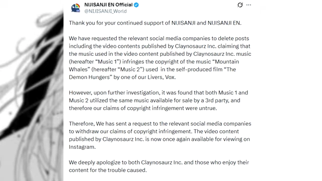 A tweet from NIJISANJI EN Official apologizing for incorrectly claiming copyright infringement against Claynosaurz Inc.