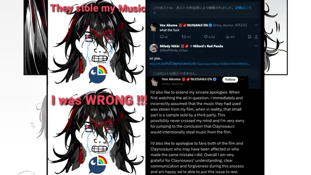 A meme depicting Vox Akuma crying and saying "They stole my Music" and "I was WRONG!!!", alongside his apology tweet.