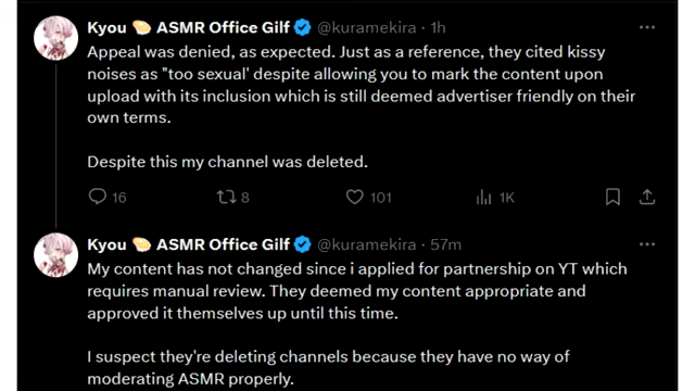 A tweet from an ASMR creator detailing their channel's deletion despite appeals, citing "too sexual" noises.