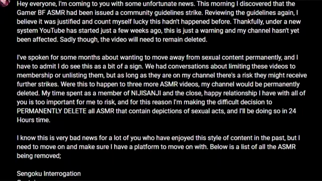 Vox Akuma's statement announcing the permanent deletion of all ASMR content containing sexual acts due to YouTube policy changes.