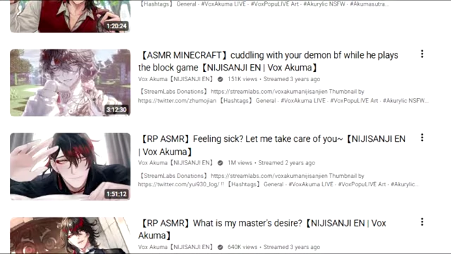 A partial screenshot of Vox Akuma's YouTube videos, showing various ASMR titles, including "ASMR MINECRAFT" and "RP ASMR."