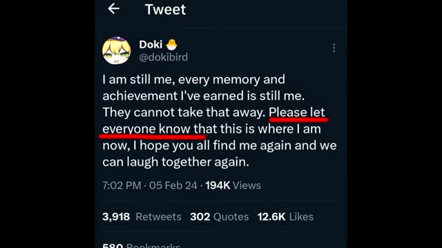 A tweet from Doki (Selen Tatsuki's new persona) after her termination, stating "Please let everyone know that this is where I am now."