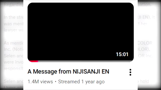 YouTube thumbnail for "A Message from NIJISANJI EN," featuring a black screen, representing the controversial stream.