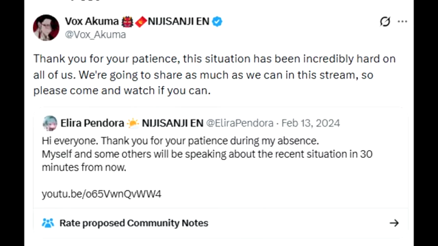 Vox Akuma's tweet promoting the "black screen stream" to share information about the situation.