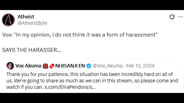 A tweet criticizing Vox Akuma's claim that the confrontation with Selen Tatsuki was "not a form of harassment."