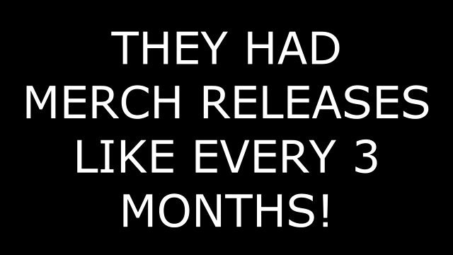 Text overlay stating "THEY HAD MERCH RELEASES LIKE EVERY 3 MONTHS!", emphasizing Luxiem's frequent merchandise.
