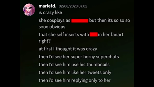 A tweet from Mari FD (Ramu) detailing the cosplayer fan's parasocial behavior, including self-insert fan art and super chats.