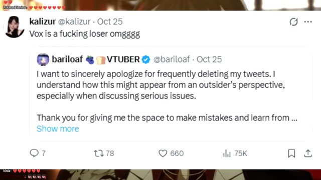 A tweet from a fan expressing extreme disappointment, calling Vox Akuma "a f*****g loser" after the revelations.