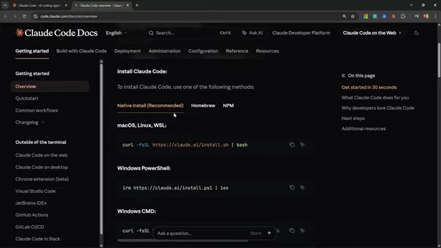 Official Claude Code documentation for native installation commands across different operating systems.