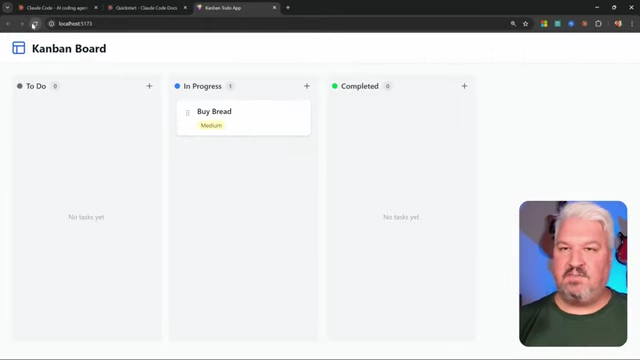 The Kanban board displaying the 'Buy Bread' task in 'In Progress' after a browser refresh, demonstrating data persistence.