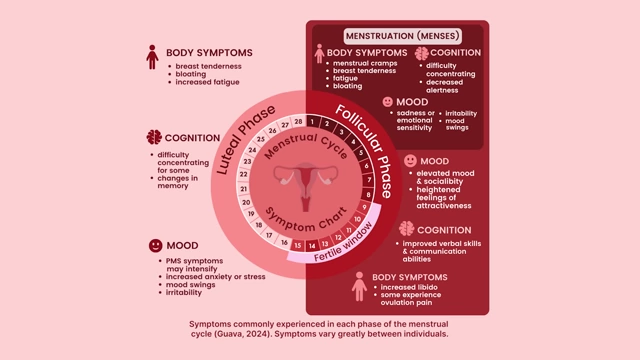Chart outlining body symptoms, cognition, and mood changes during the follicular and luteal phases of the menstrual cycle.