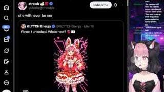 Darling Strawby's tweet: "she will never be me," in response to Glitch Energy's "Strawby" character