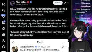 Tweet summarizing ProZD's hypocrisy regarding voice acting and identity