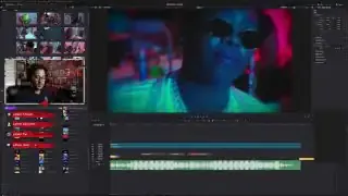 DaVinci Resolve interface with a music video timeline and a person in sunglasses