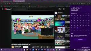 A screenshot from a Family Guy episode showing multiple characters gathered under a "HAPPY NEW YEAR" banner with balloons, indicating a New Year's Eve countdown.