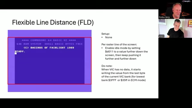 A C64 screen demonstrating Flexible Line Distance (FLD), showing how gaps between lines can reveal the "ghost byte"