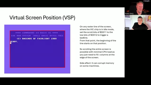 A C64 screen demonstrating Virtual Screen Position (VSP), allowing the entire screen content to be shifted horizontally