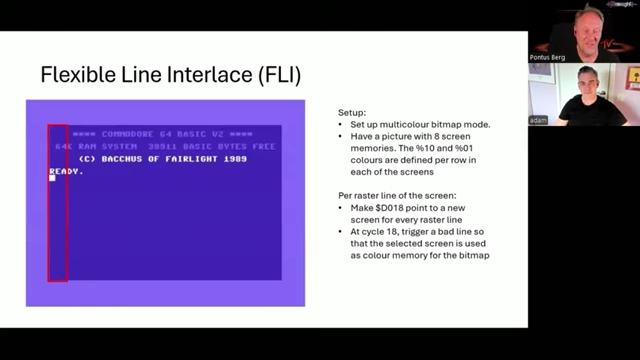 A C64 screen showcasing Flexible Line Interlace (FLI) with complex color patterns and the characteristic left-side artifact