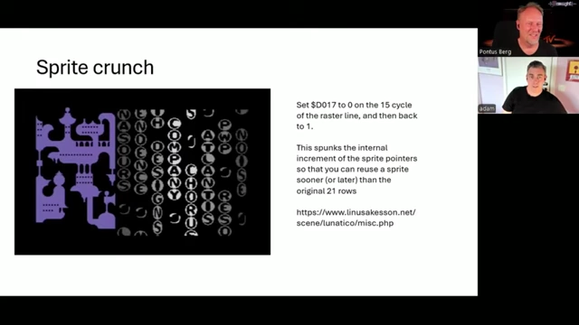 A complex C64 graphic illustrating "Sprite Crunch" and other sprite manipulations