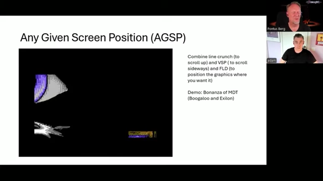 Any Given Screen Position (AGSP) combines line crunch, VSP, and FLD for full-screen graphics movement