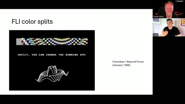 The 'Charlatan' demo by Beyond Force [<a href="https://youtube.com/watch?v=lLpXS6YiK3k&t=1989">1989</a>], featuring FLI color splits and an oscilloscope-like graphic