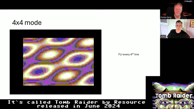 A C64 graphic demonstrating 4x4 mode, a variation of FLI that creates chunky pixel art with increased color depth