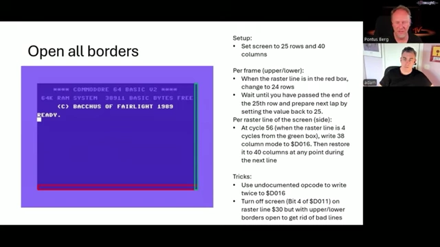 Setup for opening all four C64 screen borders, including parameters for upper/lower and left/right expansion