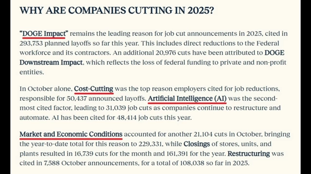 Challenger report outlining primary reasons for job cuts in 2025, highlighting 'DOGE Impact', 'Cost-Cutting', and 'Artificial Intelligence'.