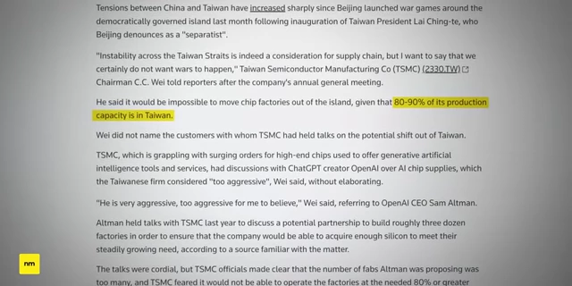 Article snippet confirming TSMC's 80-90% production capacity is in Taiwan