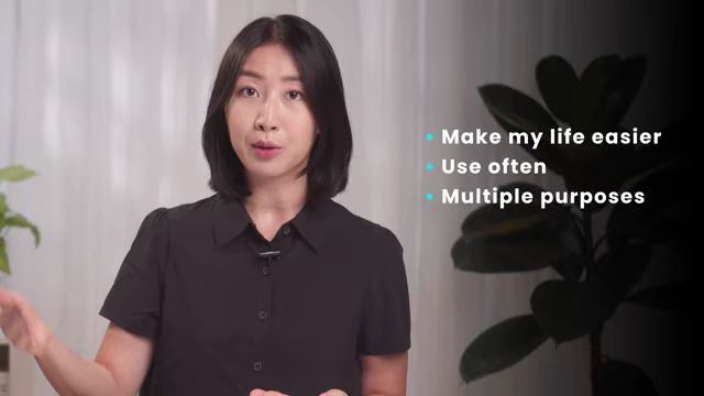 The speaker highlights her criteria for intentional purchases: items should make her life easier, be used often, and ideally serve multiple purposes.