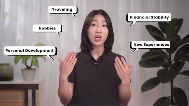 The speaker identifies key areas for spending on what truly matters: Traveling, Financial Stability, Hobbies, Personal Development, and New Experiences.