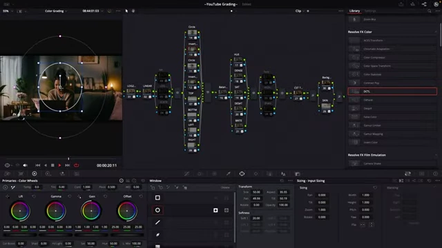 DaVinci Resolve interface showing a circular power window being applied to reduce ambience around the subject