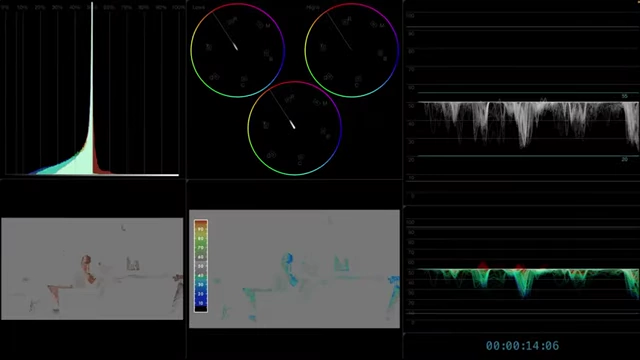 DaVinci Resolve scopes showing the skin tone vectorscope for verification