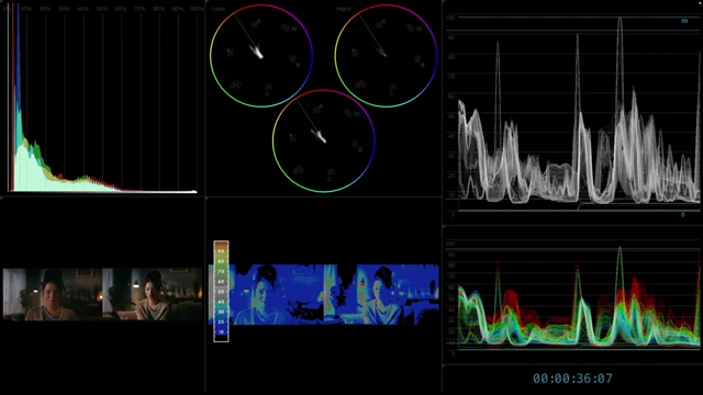 DaVinci Resolve scopes showing waveforms for both the wide (right) and close-up (left) shots, highlighting exposure differences