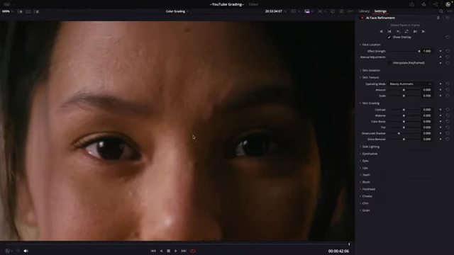 Close-up of the actor's face before skin smoothing, with DaVinci Resolve's face refinement settings visible
