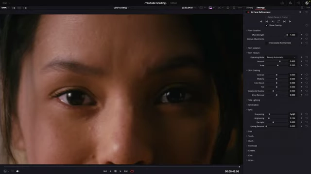 Close-up of the actor's eyes after subtle brightening, with DaVinci Resolve's face refinement settings visible