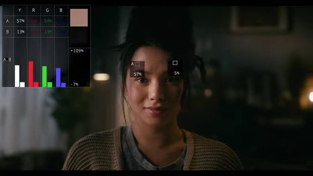DaVinci Resolve's Odyssey spot tool displaying exposure difference readouts between two selected points on the actor's face