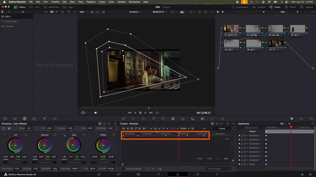 DaVinci Resolve timeline showing multiple keyframes for manual window tracking