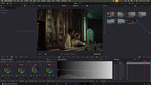 DaVinci Resolve interface showing Saturation vs. Saturation curve adjustments