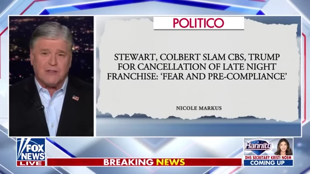 Politico headline reports Stewart and Colbert blaming CBS and Trump for the cancellation of the Late Night franchise due to "fear and pre-compliance."