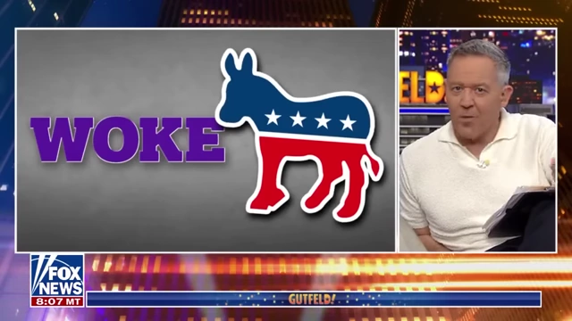 Graphic of "Woke" text next to the Democratic Party donkey logo.