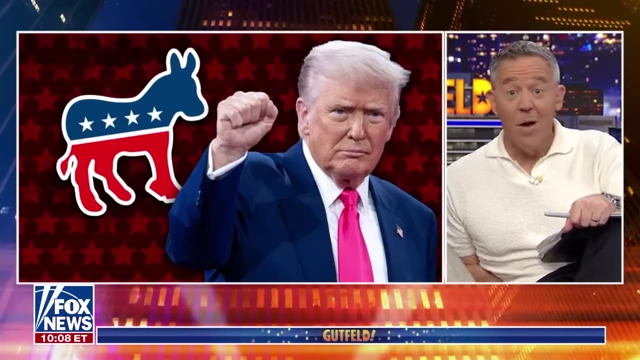 Donald Trump depicted with a raised fist next to the Democratic Party donkey logo, symbolizing an intervention or change.