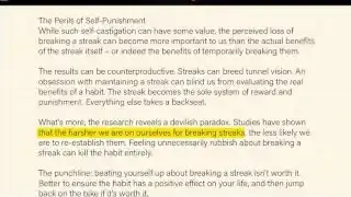 Text from an article highlighting how being harsh on oneself after breaking a streak makes it less likely to re-establish the habit.