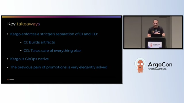 Key takeaways: Kargo enforces CI/CD separation, is GitOps native, and elegantly solves promotion pain