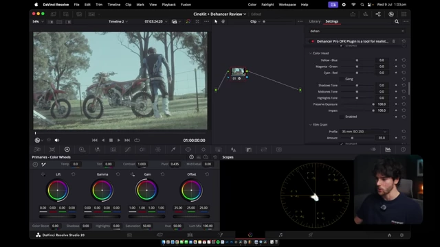 DaVinci Resolve interface demonstrating the Dehancer plugin's various film emulation settings