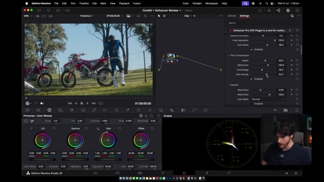 Dehancer plugin settings for film compression, including tonal range and color density