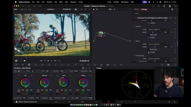 Dehancer plugin settings for bloom, mimicking a mist filter effect